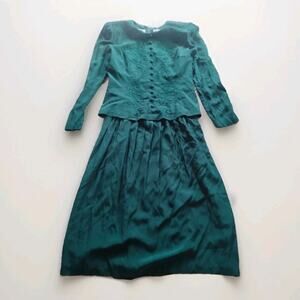 Dark Green Vintage 90s Karin Stevens Petite Size 8 Rayon Long Sleeve Dress
